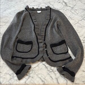 Aqua cashmere Gray Cardigan with Black Trim Ruffle Detail